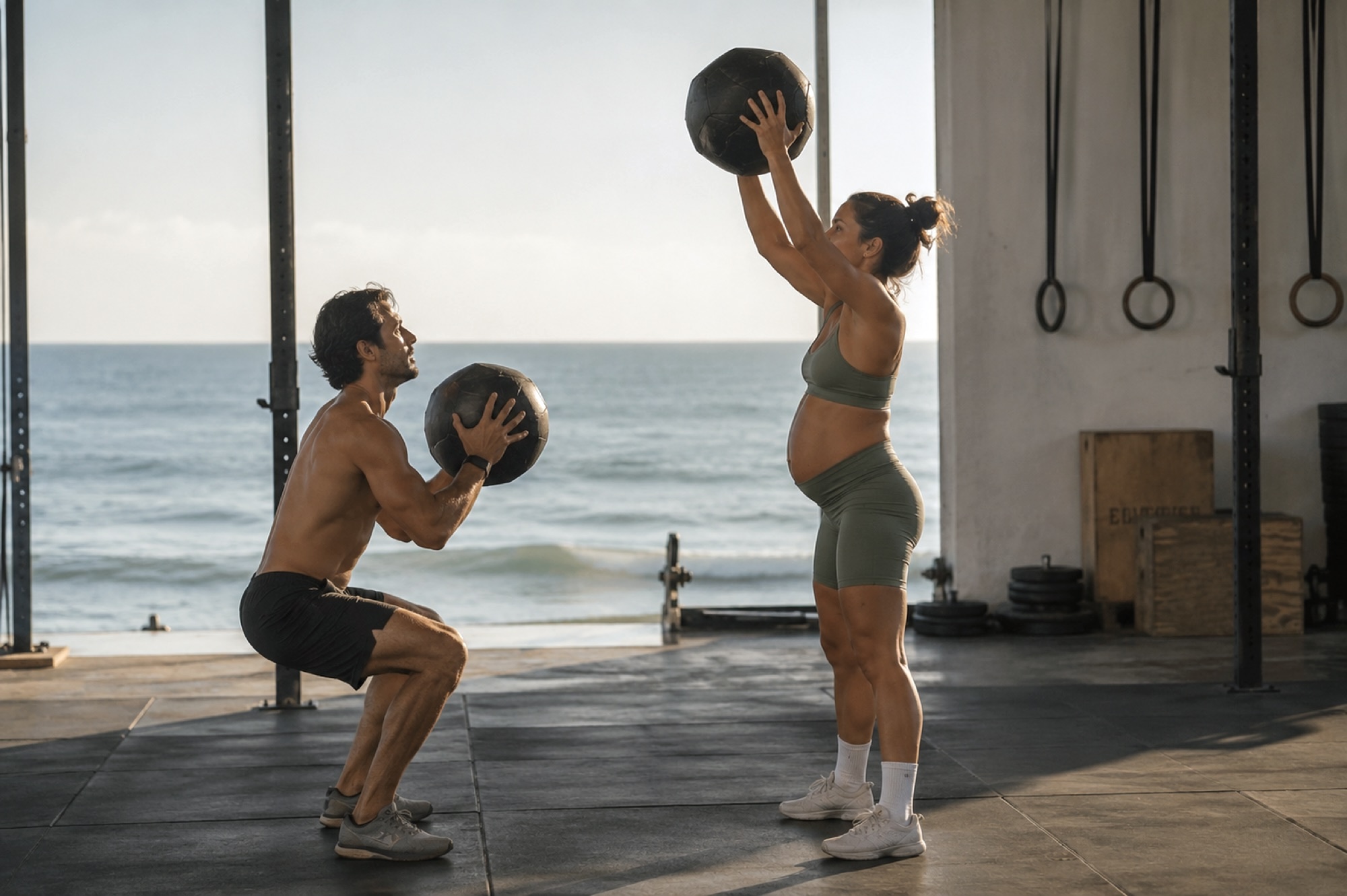 Pareja entrenando junto al mar, una mujer embarazada haciendo ejercicio de fuerza